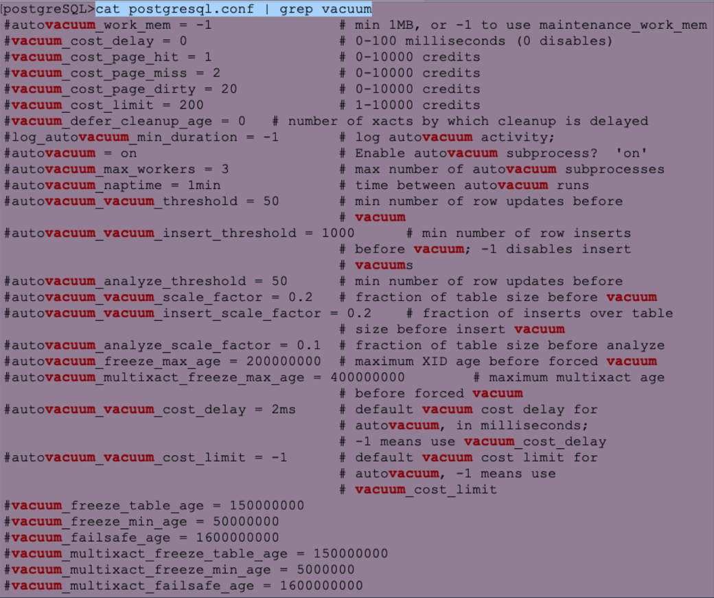 Screenshot der PostgreSQL-Konfiguration mit möglichen Parametern zum Tunen von Vacuum